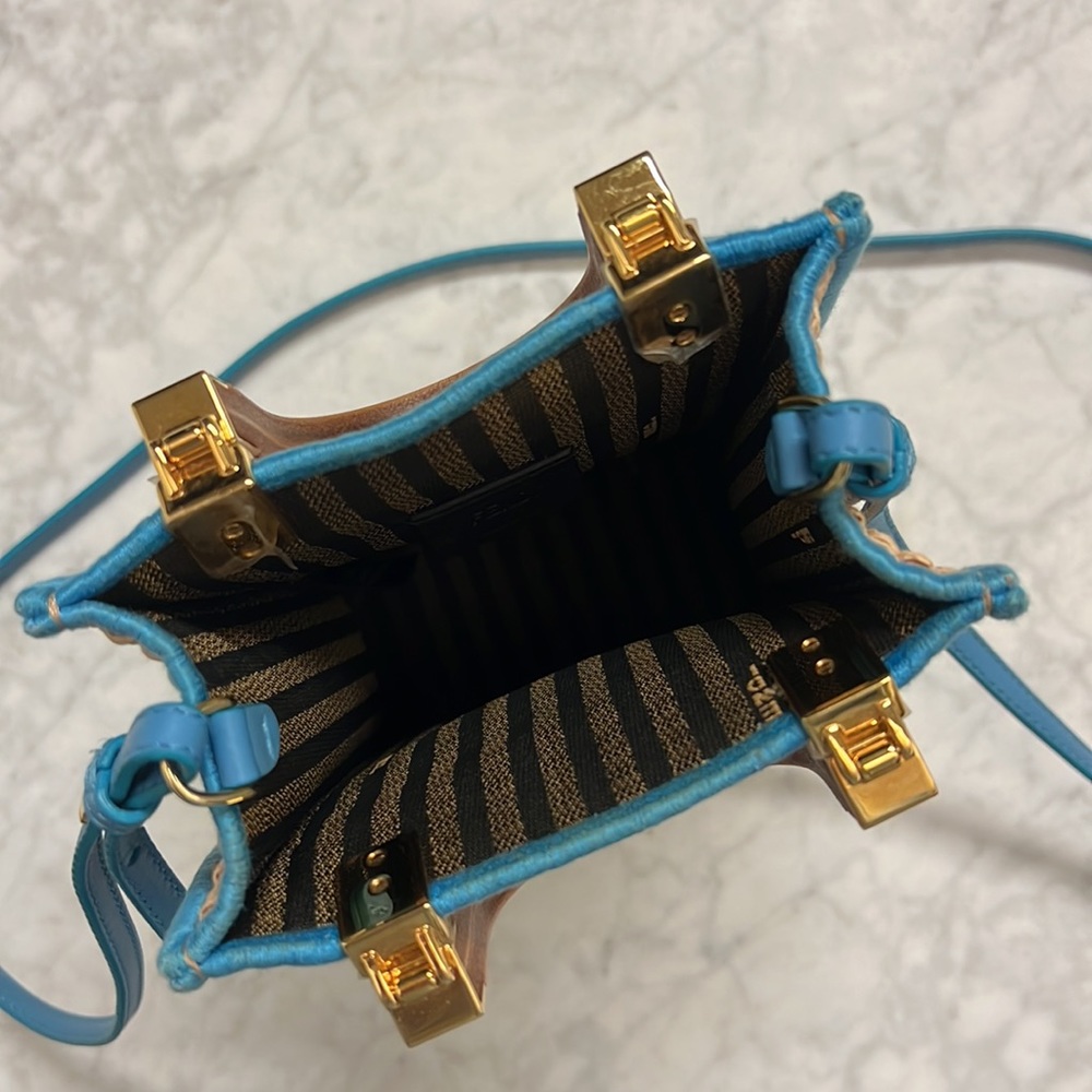 Fendi Sunshine Mini Straw Shoulder Bag Natural Blue - Picture 10 of 14